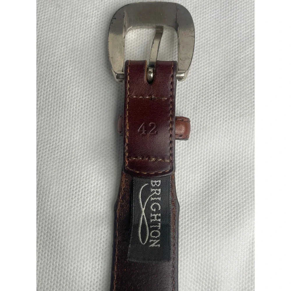 Vintage Brighton Woven Leather Belt Size 42 Western Brown Silver Tooled Buckle